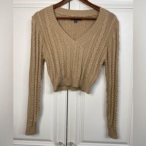 Love Tree Women’s Medium V-Neck Cropped Cable Knit Tan Coloured Sweater